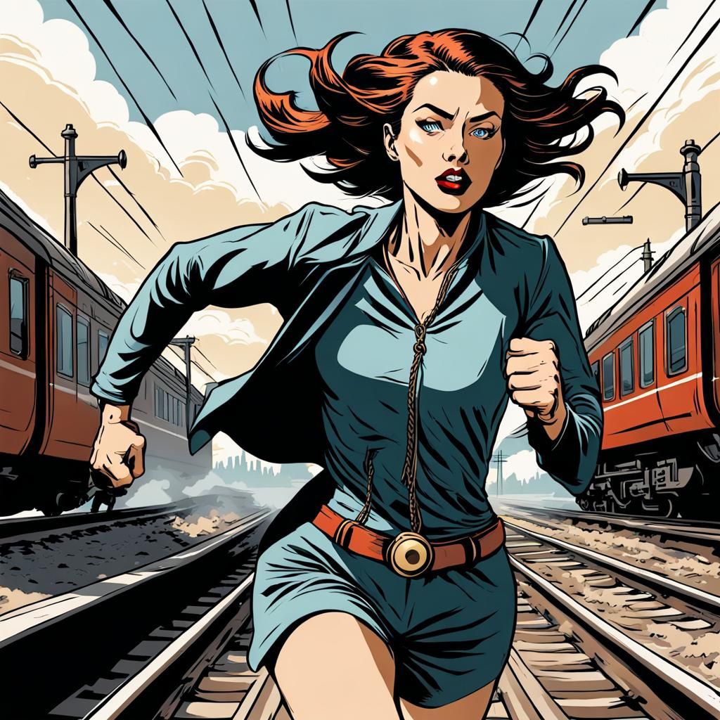 Woman Running for Train in Comic Book Style