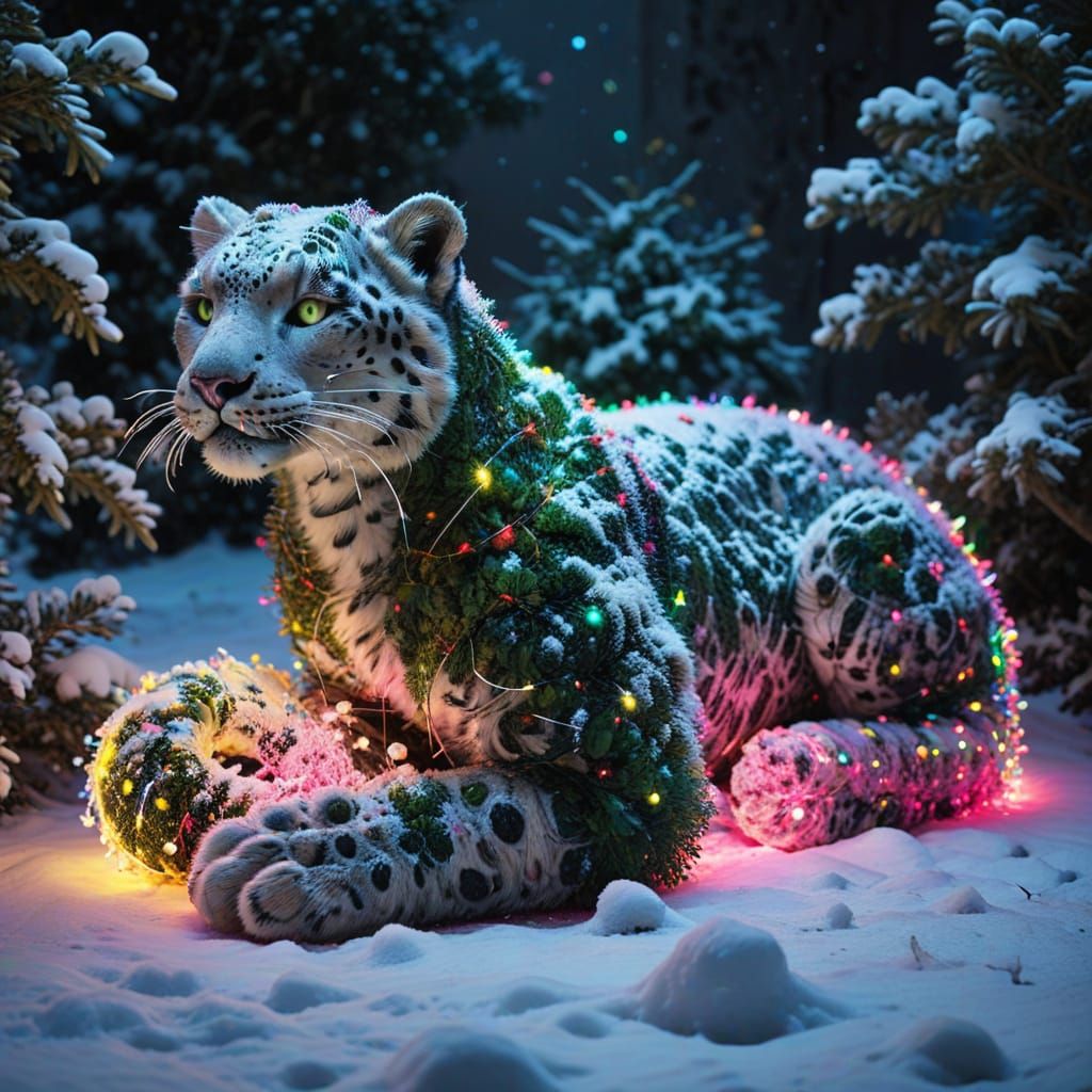 Ethereal Snow Leopard Topiary Glows in Multicolored Lights