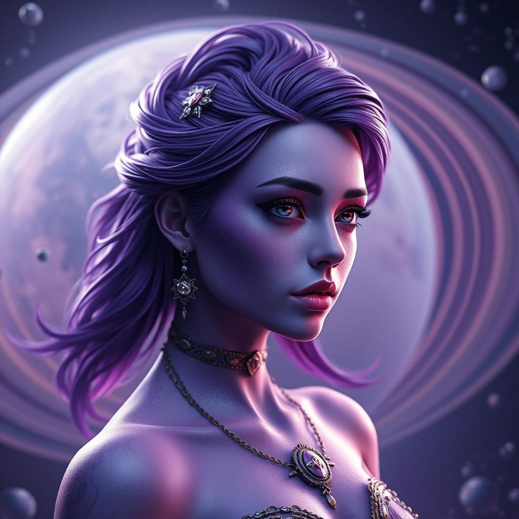 Purple-Skinned Girl on Saturn: Fantasy Concept Art