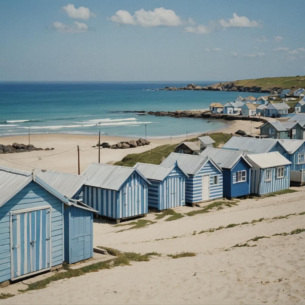 Seaside View with Classic Striped Beach Huts