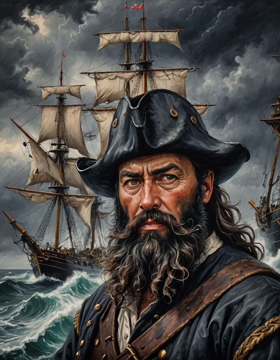 Blackbeard Portrait with Tall Ship, Realistic Oil Painting