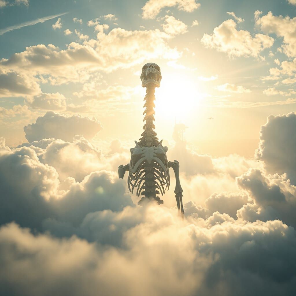Gigantic Skeletal Kaiju Emerges from Cloudy Horizon