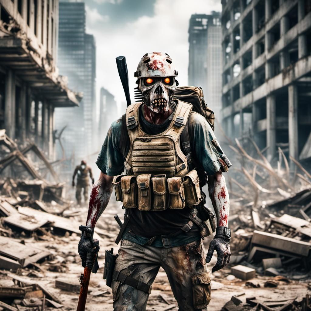 Post-Apocalyptic Survivor in Zombie Cityscape