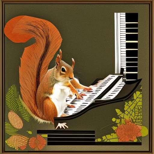 Squirrel Plays Piano in Cut Paper Collage Style