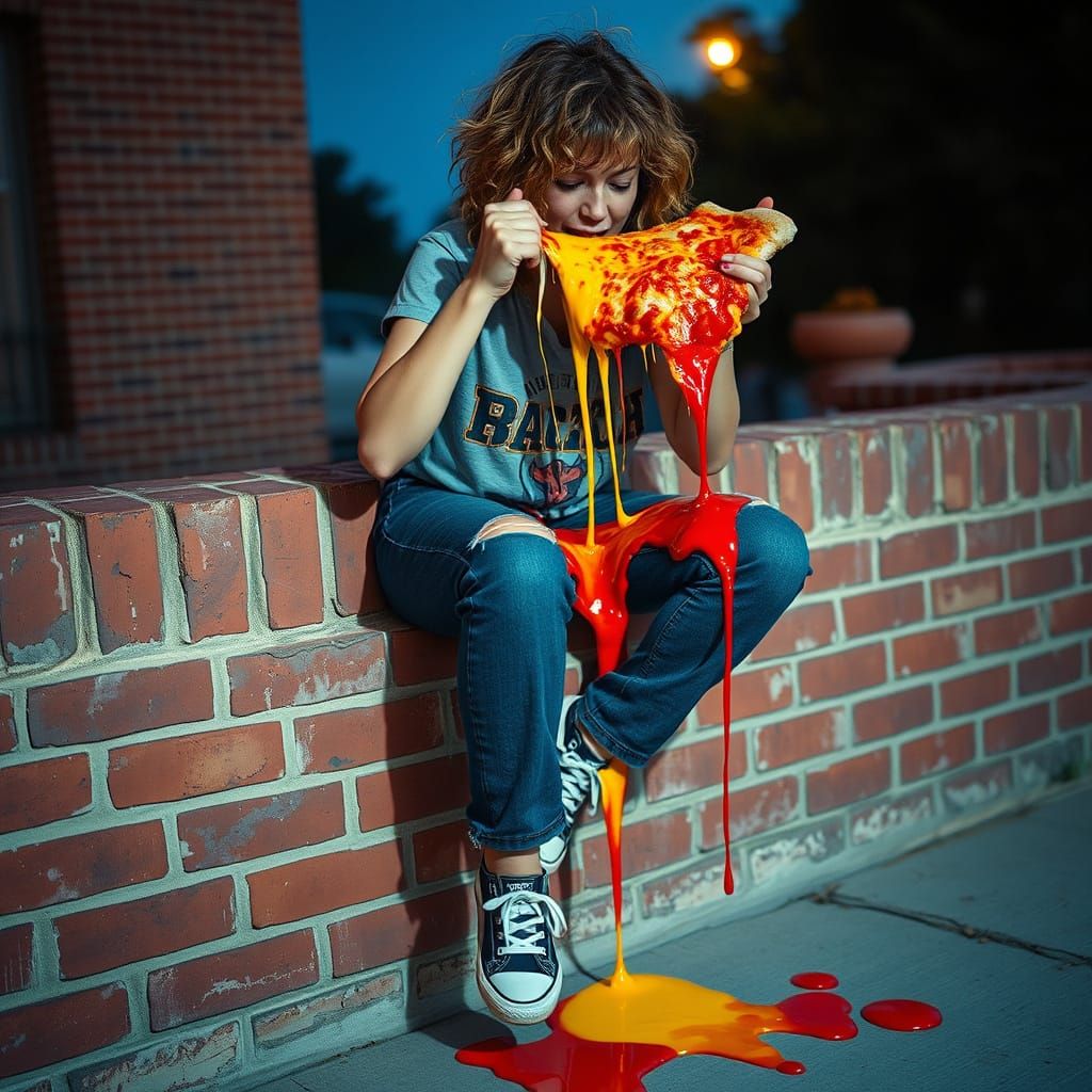 Woman Enjoys Pizza Under Warm Summer Night Lights