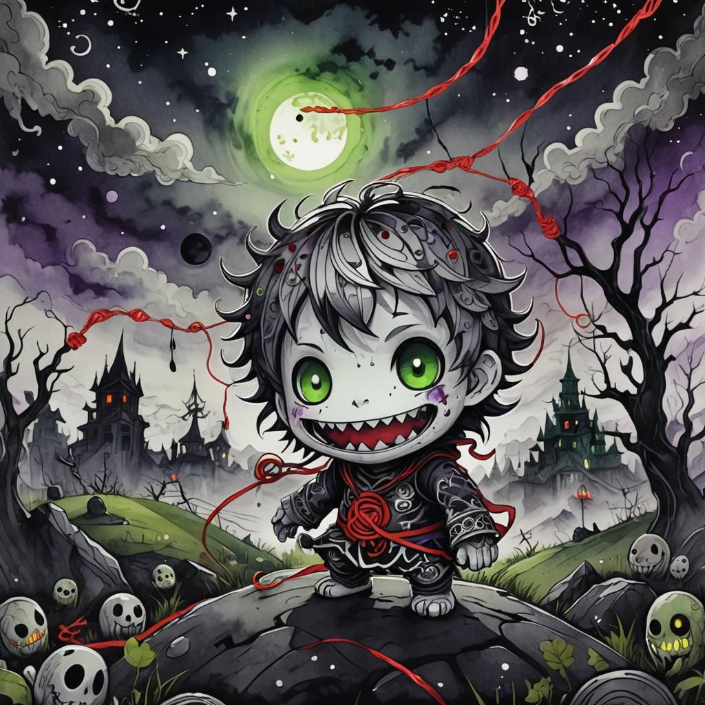 Chibi Monster in Dark Anime Nightmare Landscape