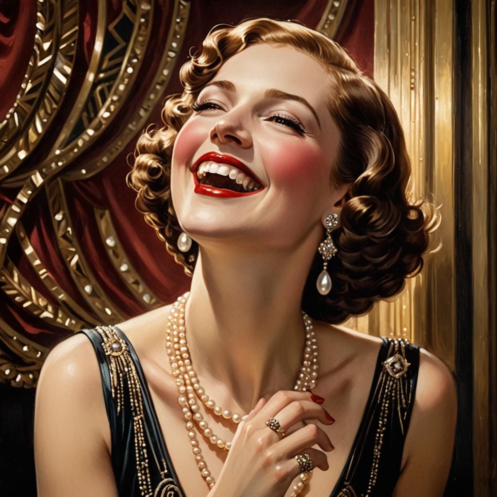Art Deco Lady Laughing with Pearls