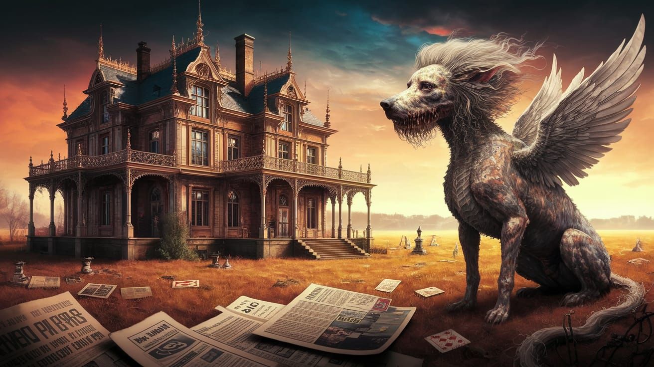 Surreal Dieselpunk Goddess Contemplates a Grand Mansion