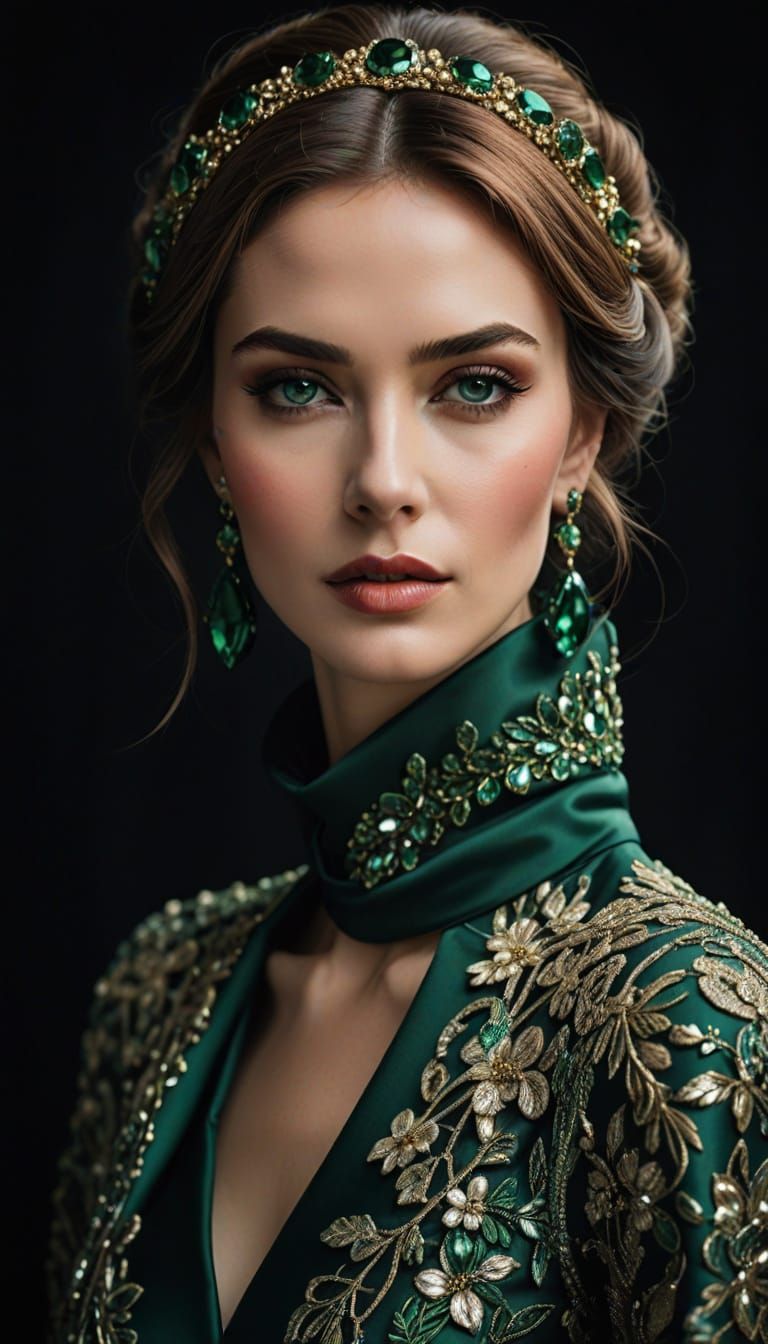 Elegant Woman in Emerald Green Gown, Fashion Portrait