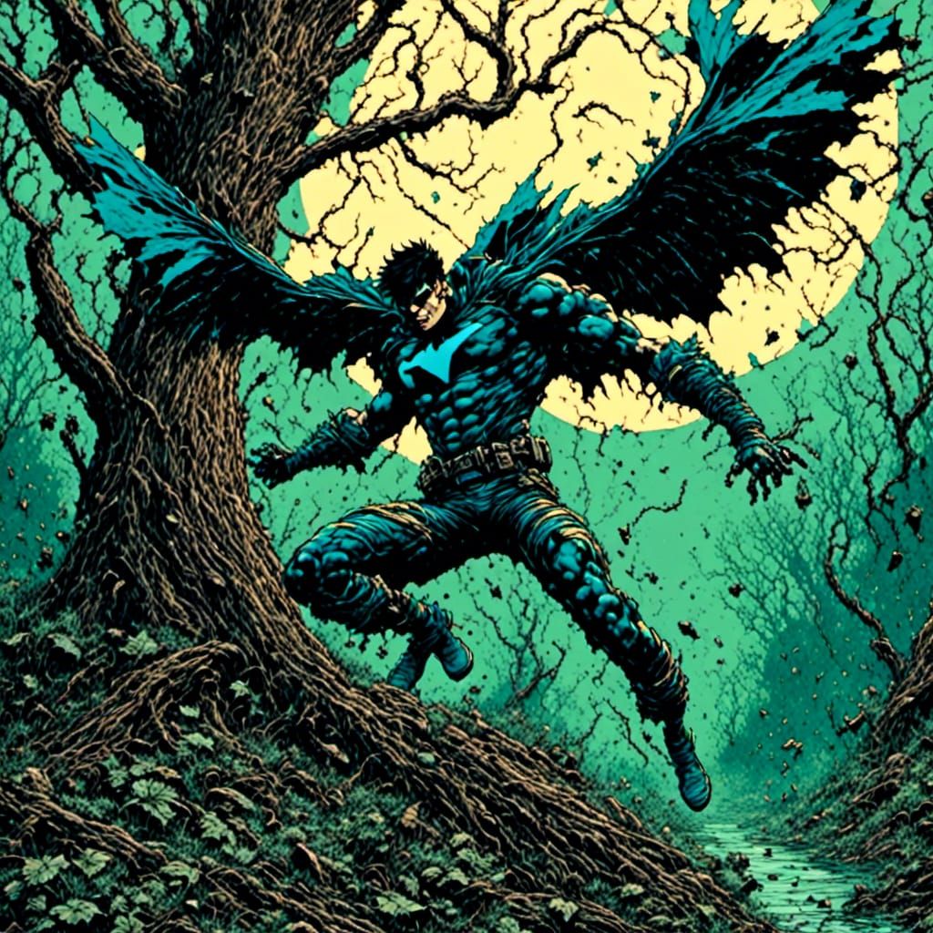 Cyborg Nightwing Hanging from Tree, Comic Book Art