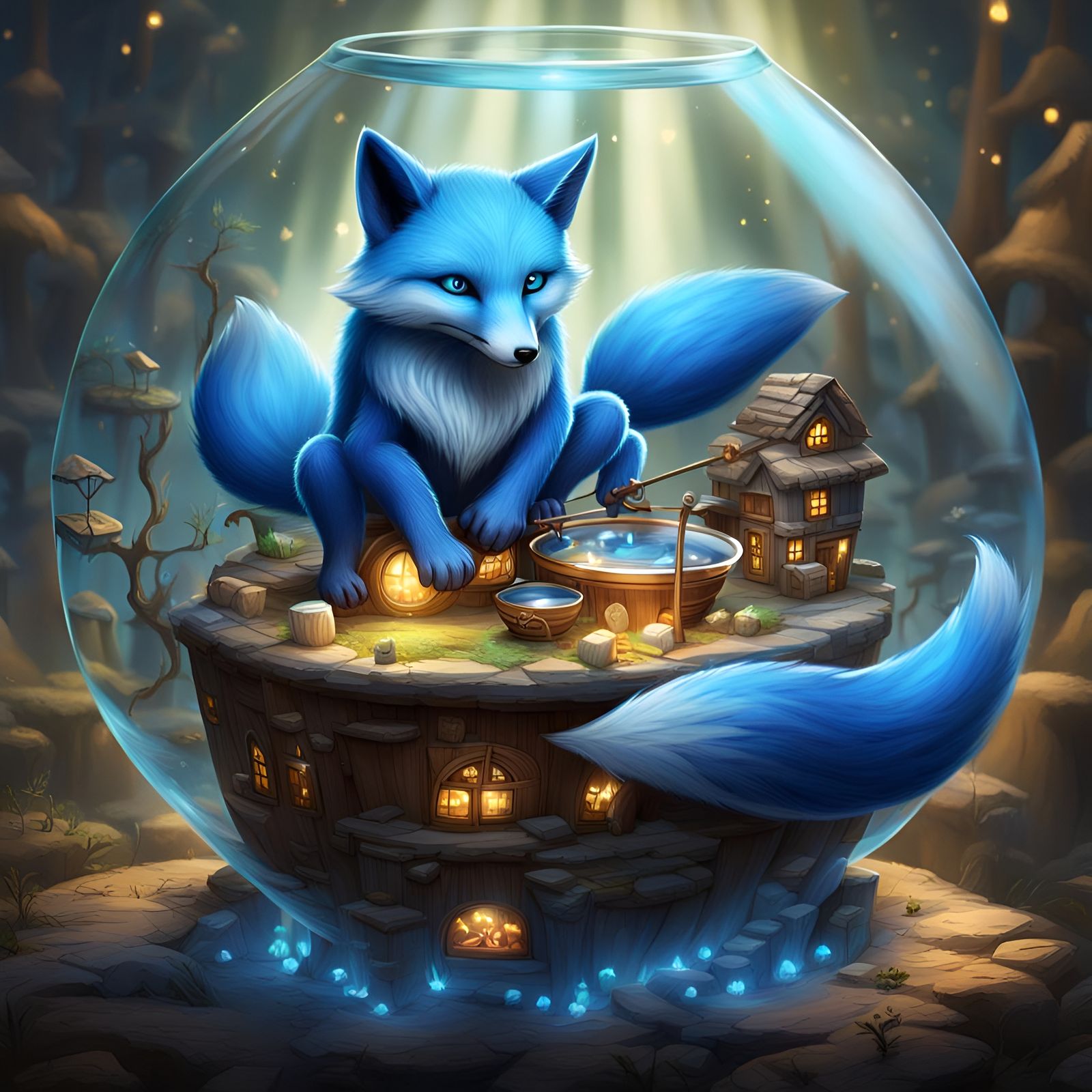Blue Fox with Glowing Tails Playing Drums