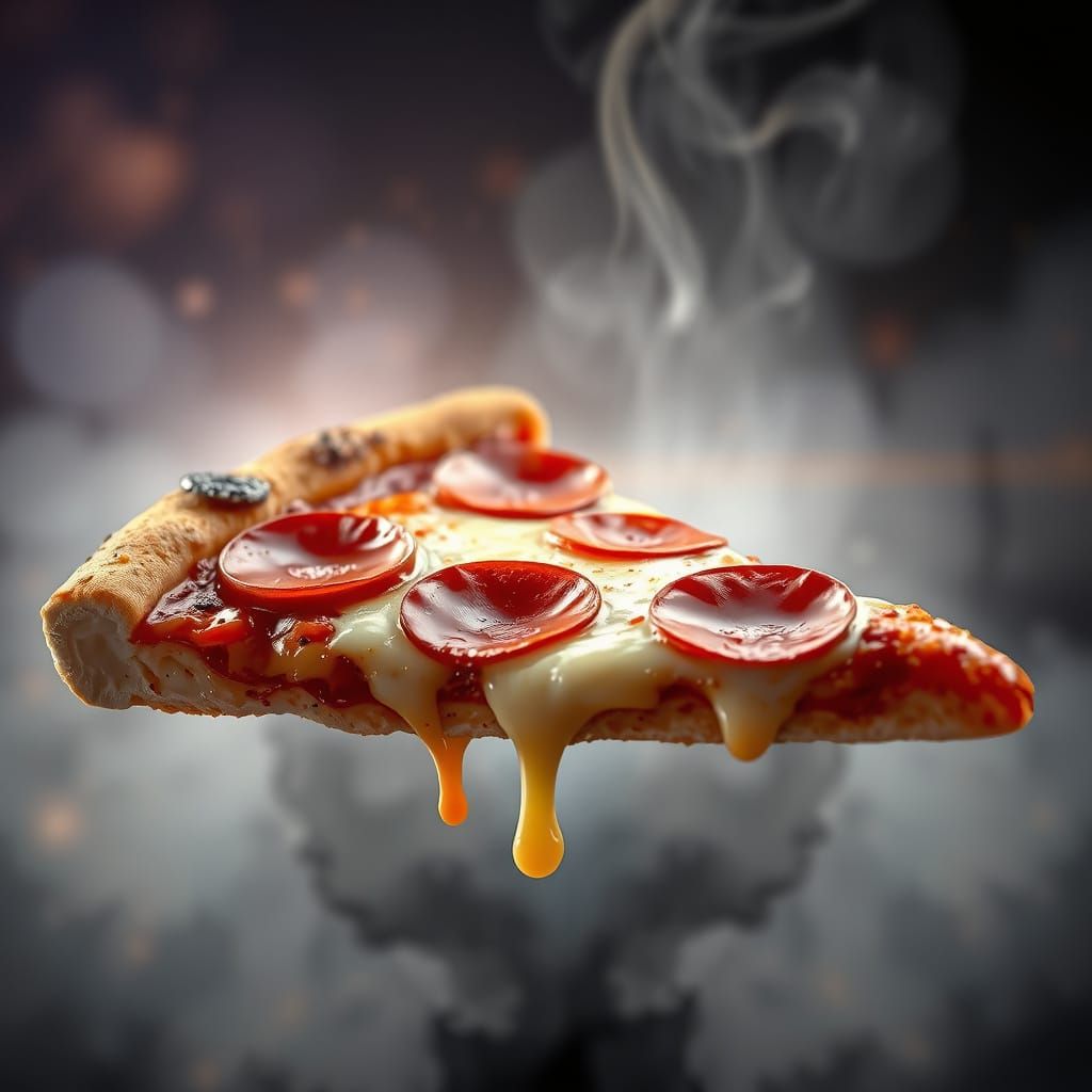 Hyperrealistic Pepperoni Pizza Slice in Cosmic Setting