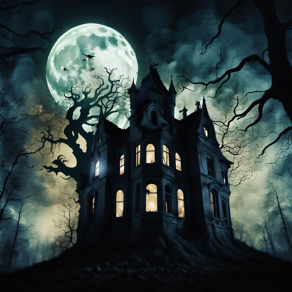 Gothic Haunted House with Ghostly Apparition in Surreal Styl...