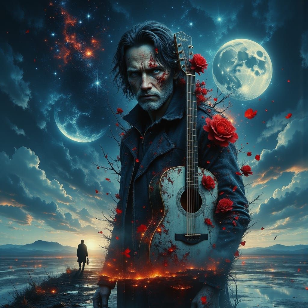 Man's Celestial Journey with Guitar and Rose