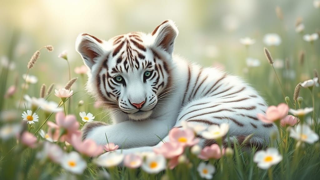 Dreamy White Ussuri Tiger Cub in Enchanted Forest