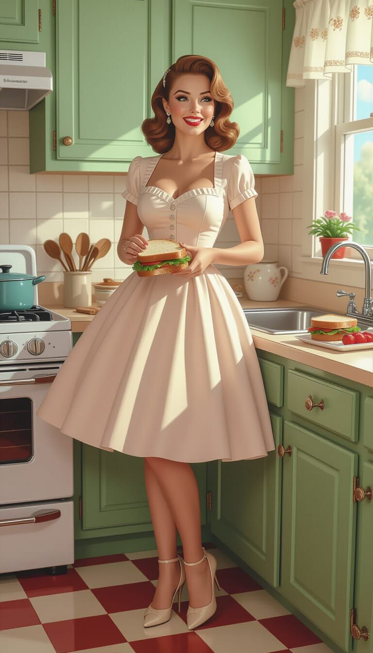 1950s Housewife Making Sandwich in Kitchen