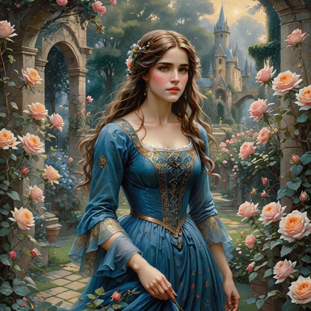 Medieval Maiden in Garden, Pre-Raphaelite Style