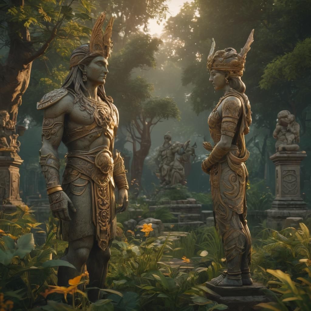 Overgrown Garden with Ancient Gods: 3D Video Game Graphics
