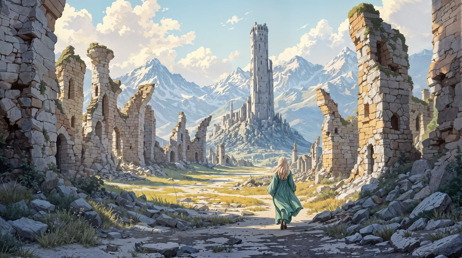 Fantasy Wizard's Quest Through Crumbling Village