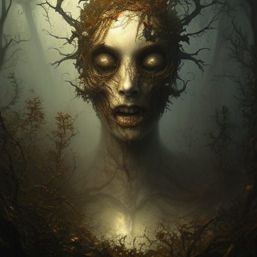 Insectile Forest Queen in Swampy Lair, Digital Art