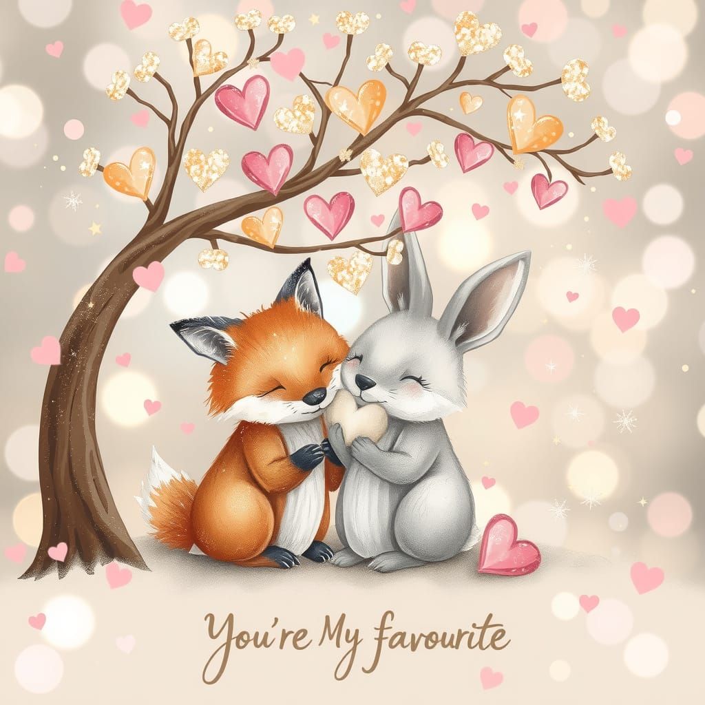 Whimsical Fox and Rabbit Valentine's Day Scene