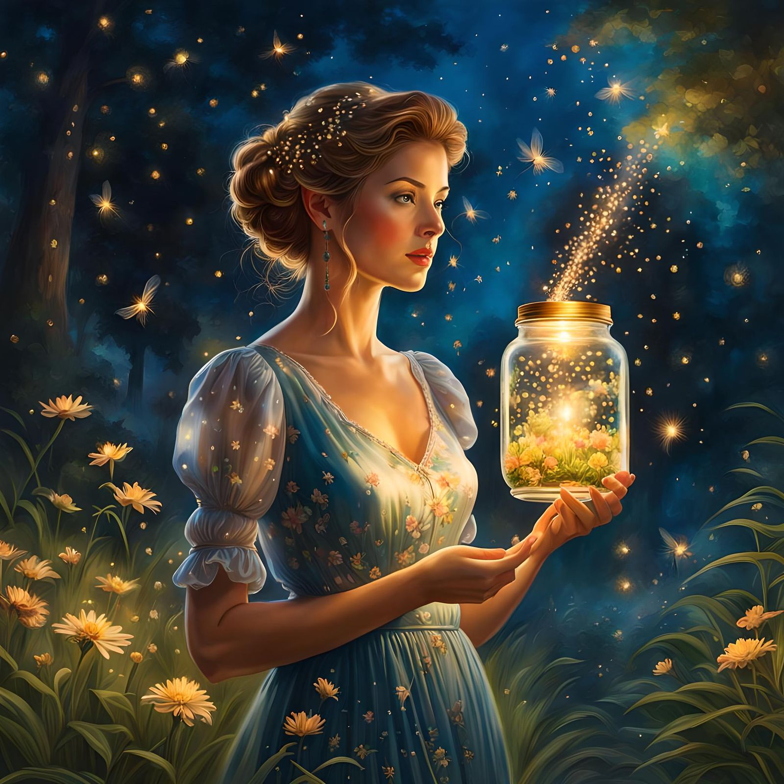 Woman in Floral Dress with Fireflies, Airbrush Art