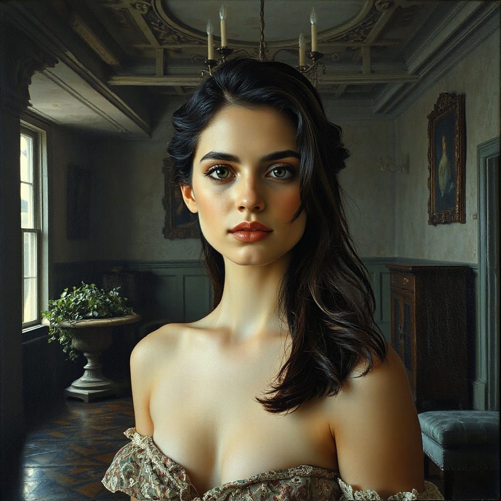 Ethereal Woman in Liminal Room: Palette Knife Oil Painting