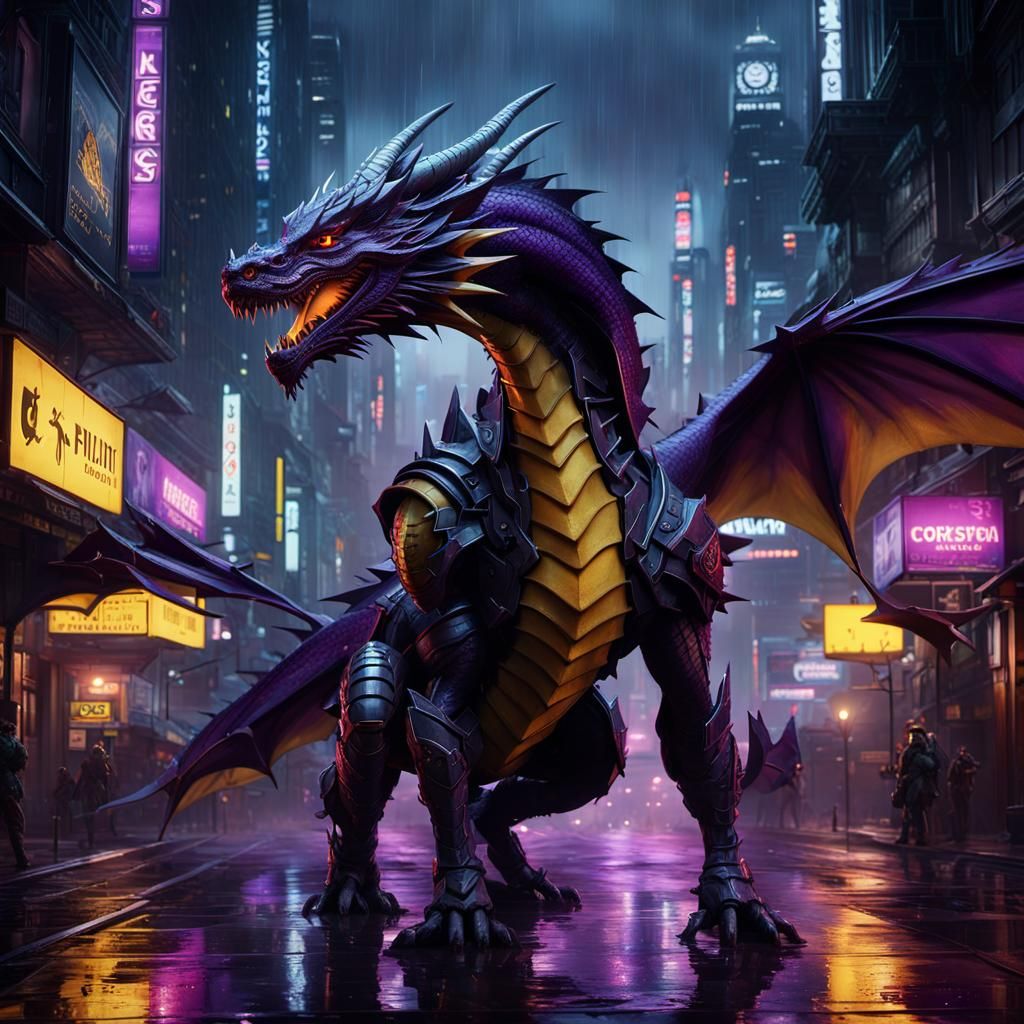 Dragon Sci-Fi Hero in Cyberpunk City, Hyperdetailed Art