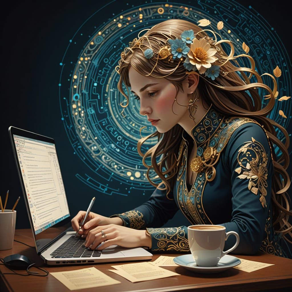 A Coder Surrounded by Whimsical Code Patterns in Art Nouveau...