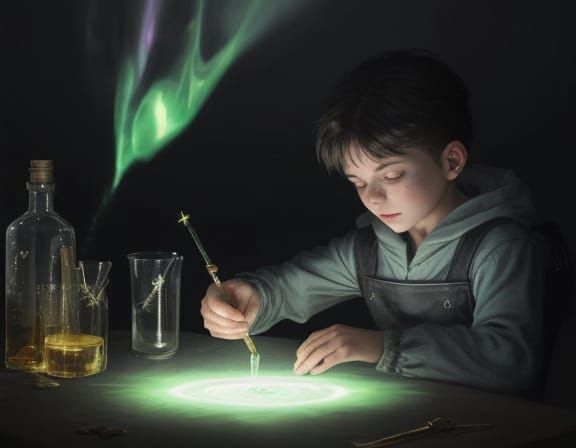 Boy Alchemist Creates Magic Potions in Golden Hour Aura
