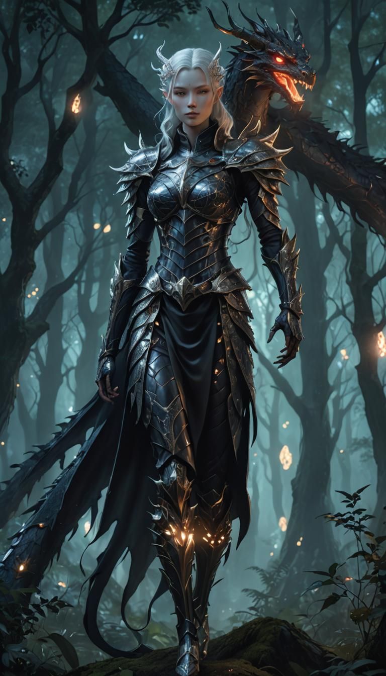 Elegant Dragon Humanoid in Forest, Ethereal Illustration