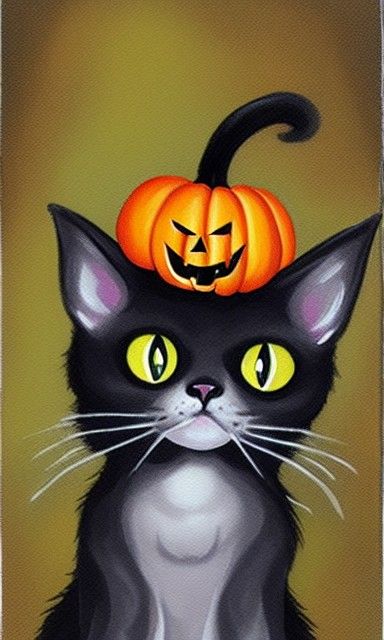 Funny Halloween Cat Card in Gouache