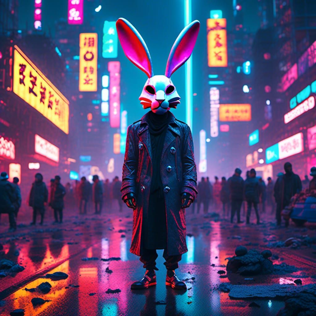 Cyberpunk Rabbit Mask on City Street