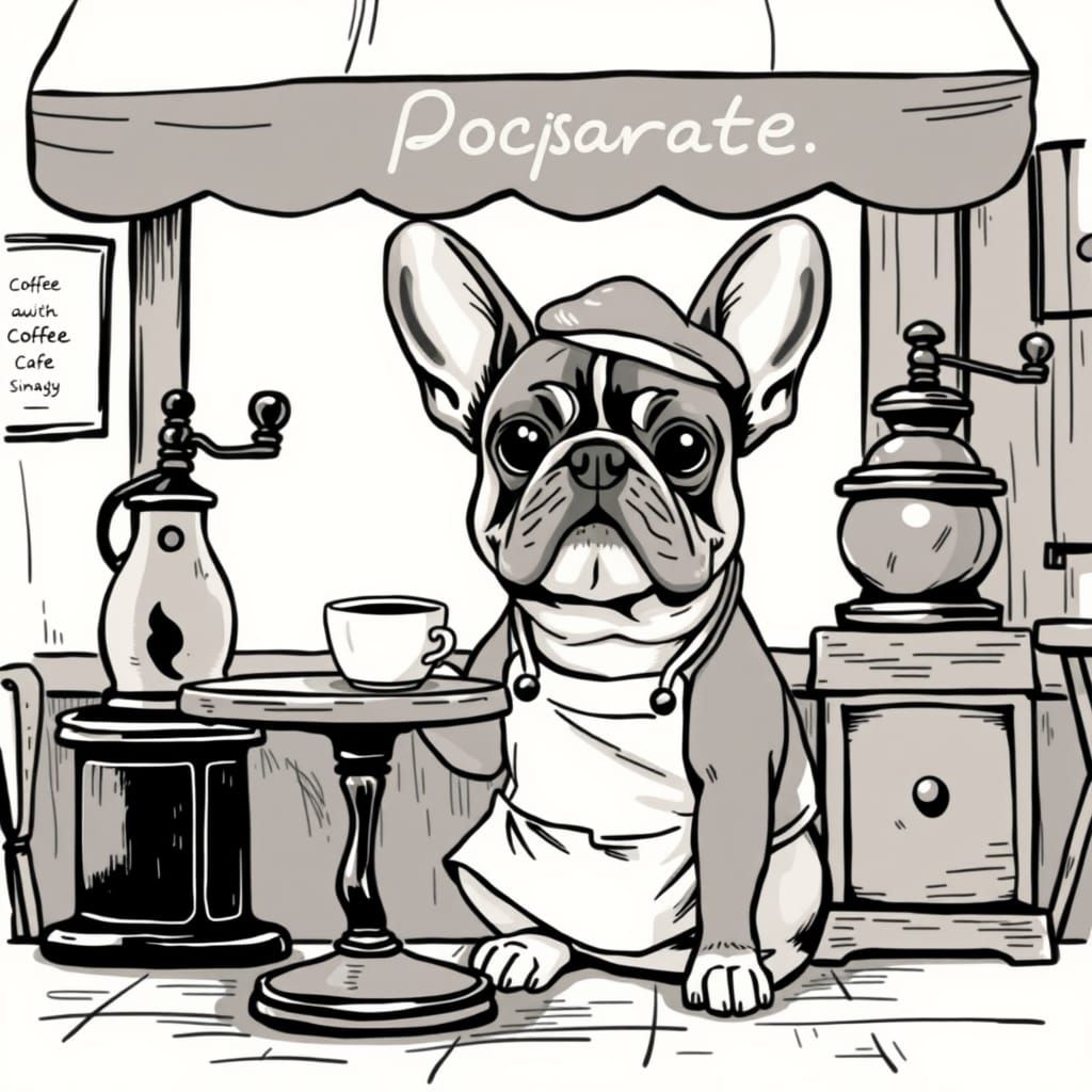 French Bulldog in Parisian Café, Black and White