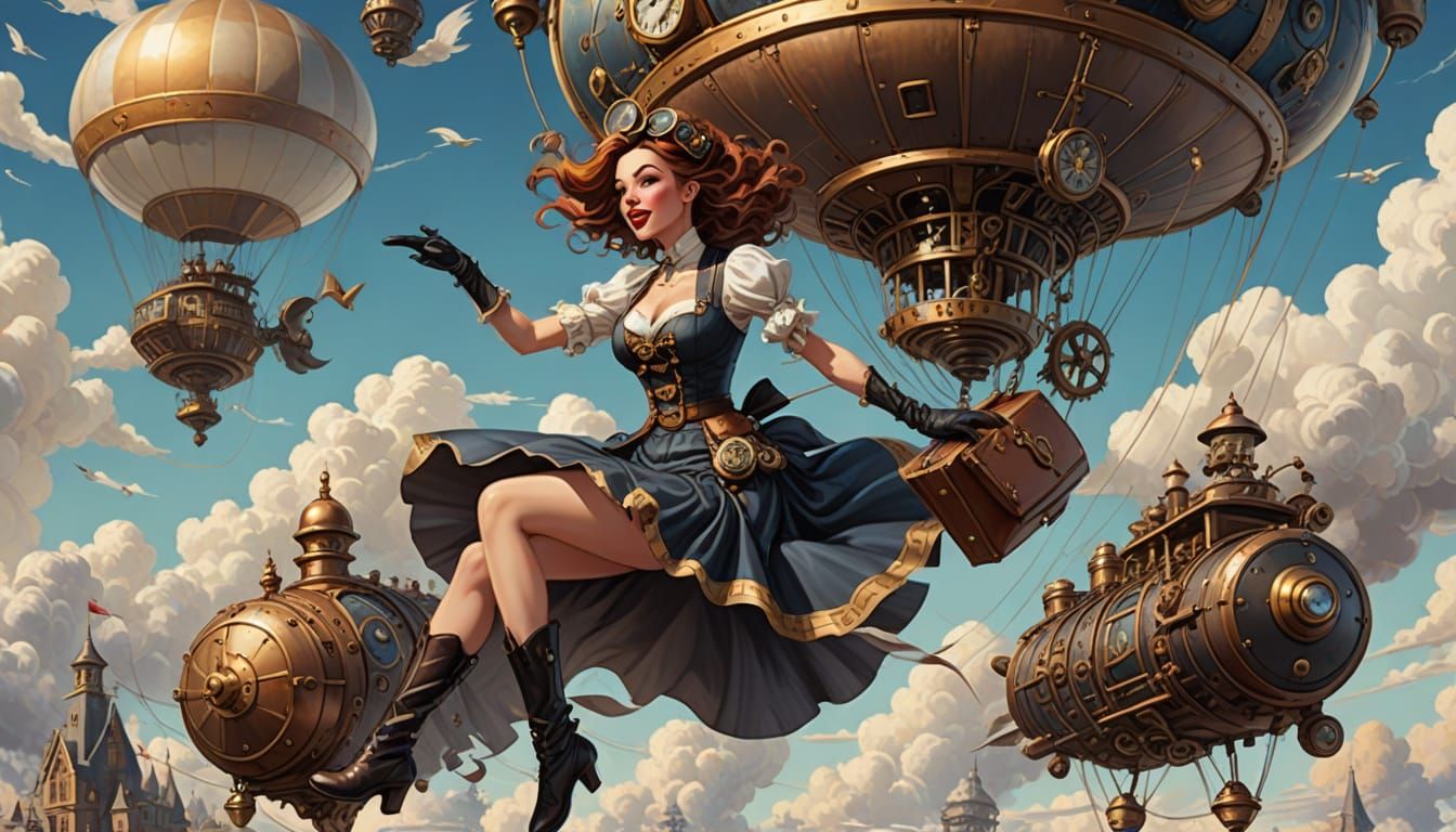 Steampunk Pin-Up Girl's Aerial Leap Between Dirigibles