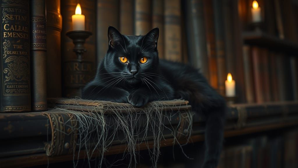 Black Cat with Red Eyes in Candlelit Library