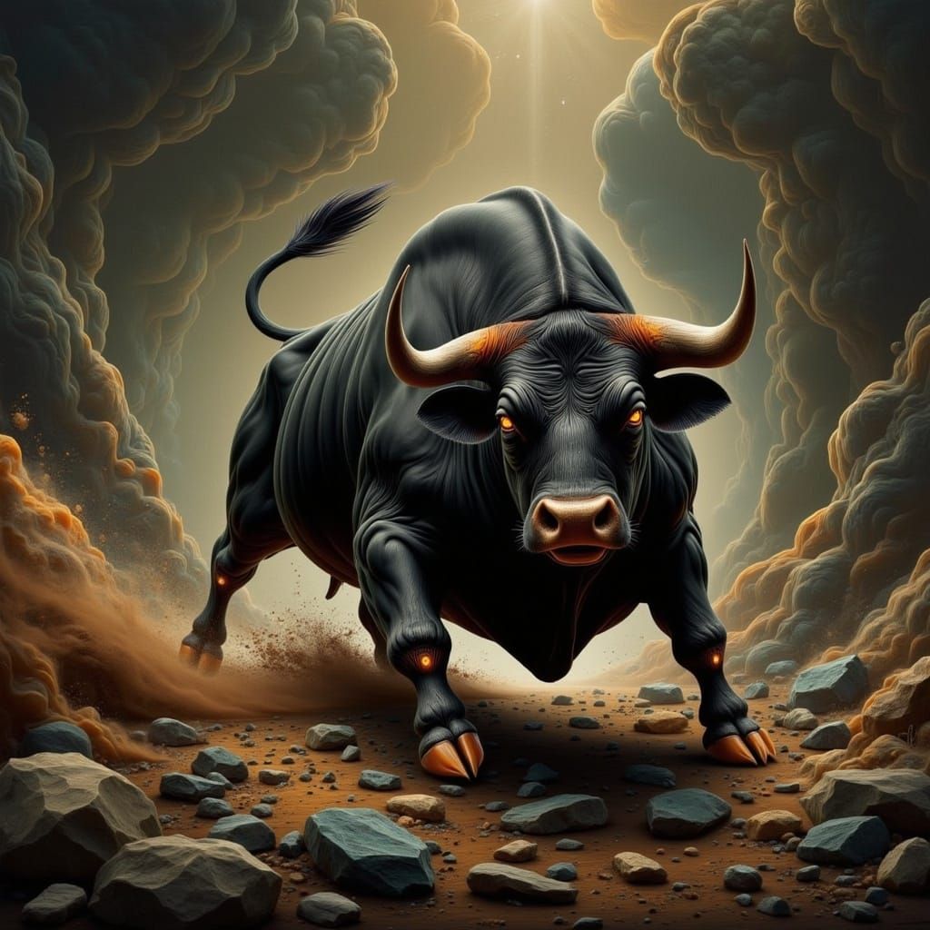 Angry Black Bull in Abstract Expressionist Style