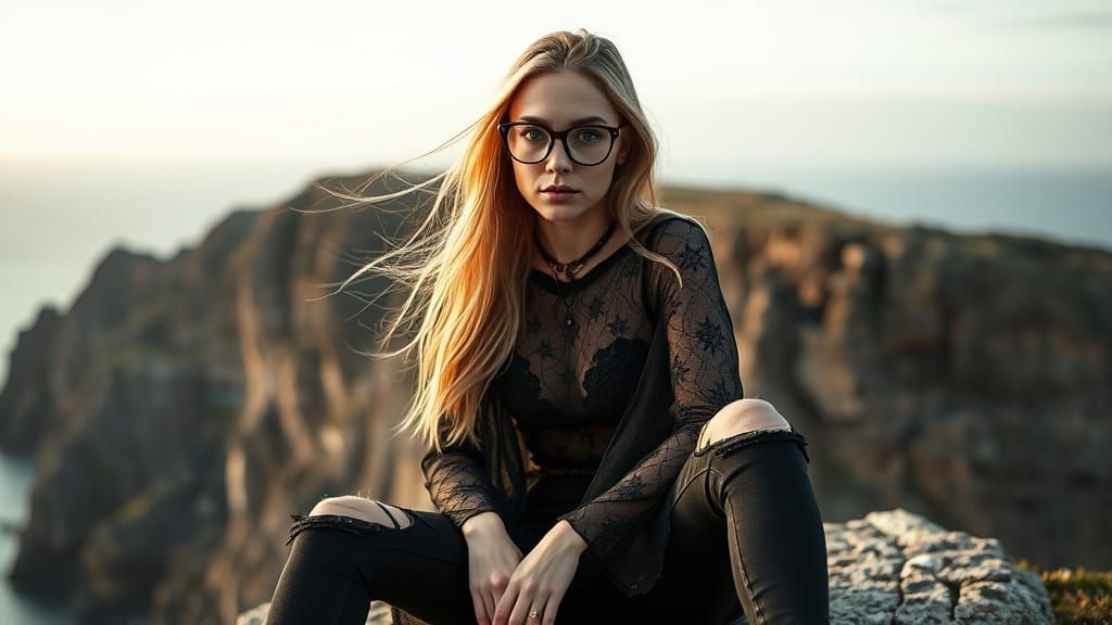 Contemplative Woman on Cliff in Fashion Editorial Style