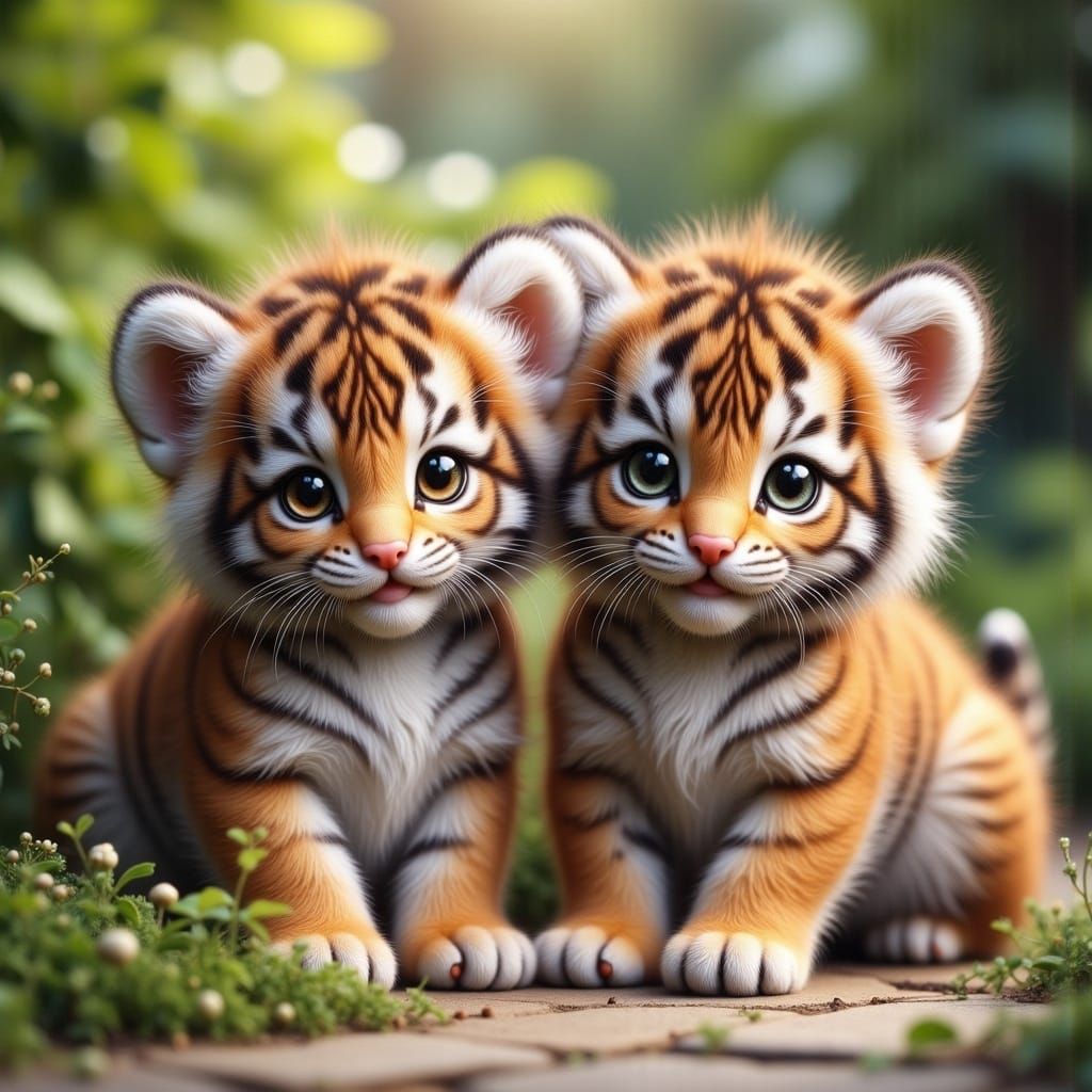 Cute Tiger Kittens in a Whimsical Garden