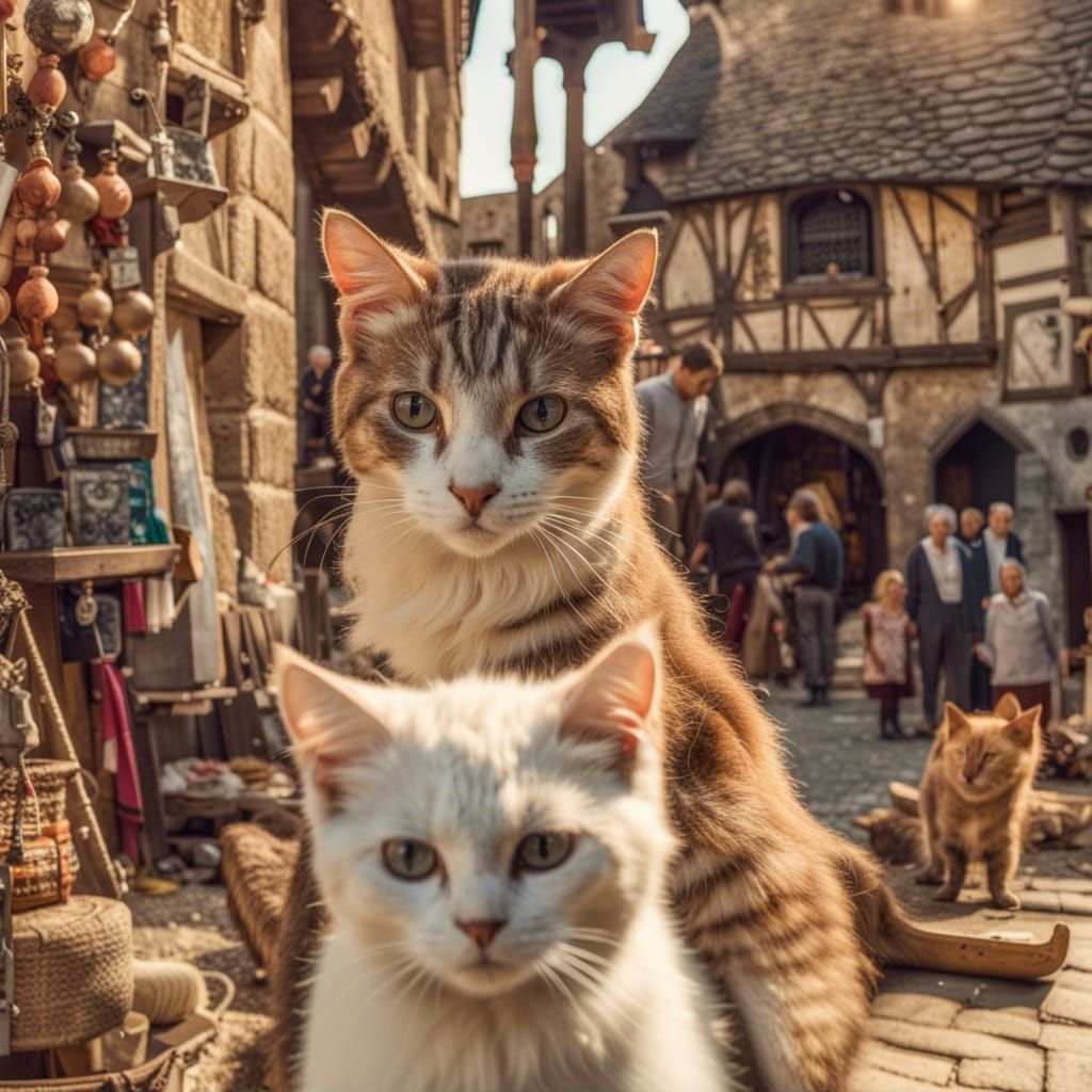 Stray Cats in Medieval Marketplace: Vintage Photography