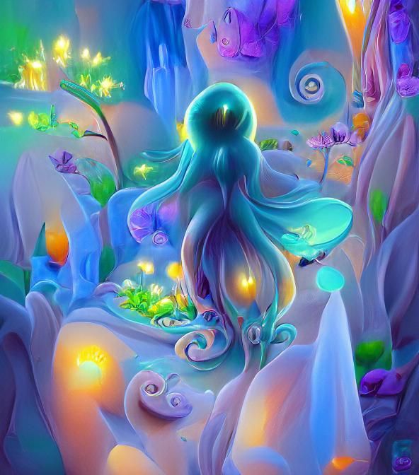 Friendly Bioluminescent Cthulhu in Whimsical Fantasy Art