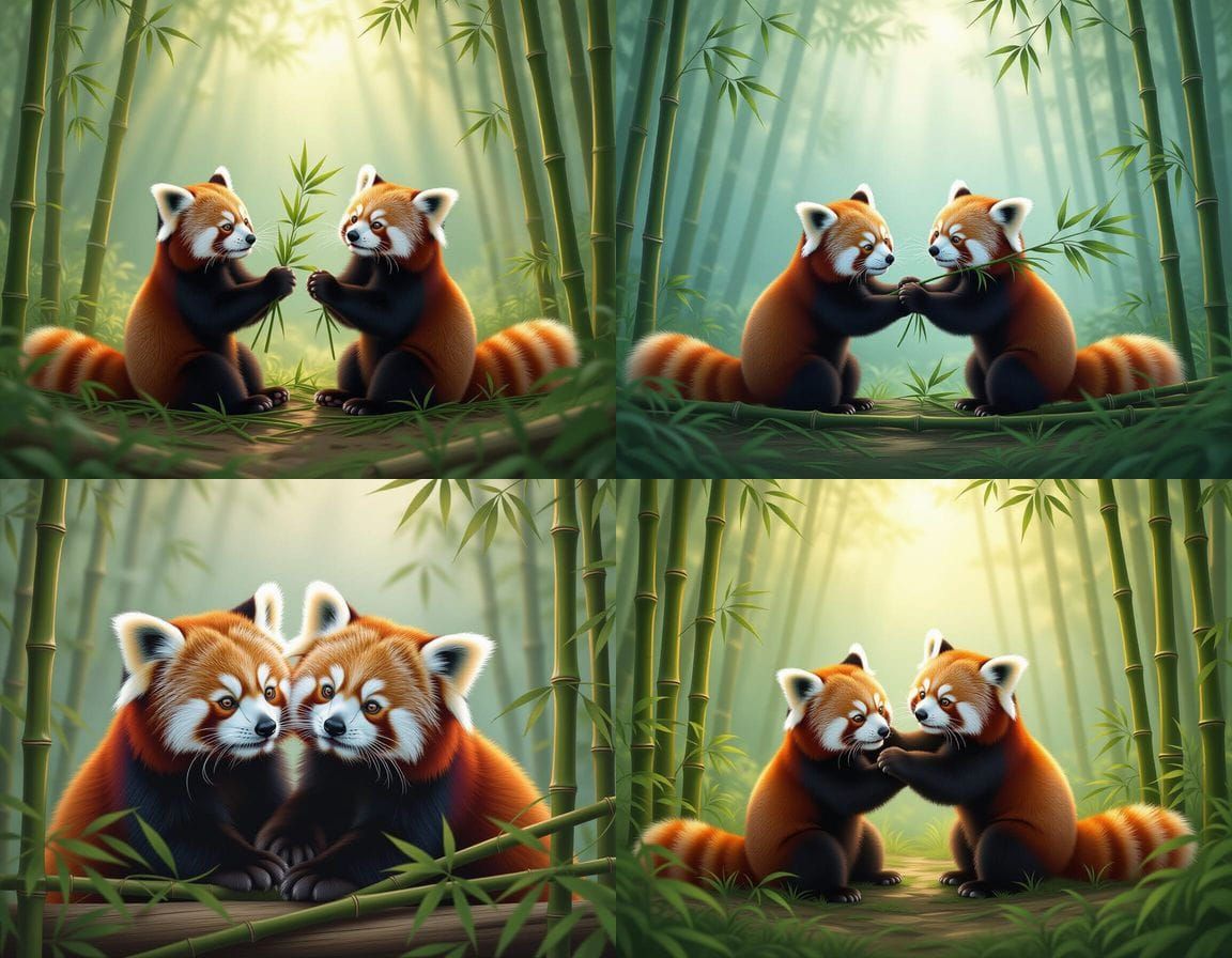 Ethereal Red Pandas Play in Misty Fantasy Landscape