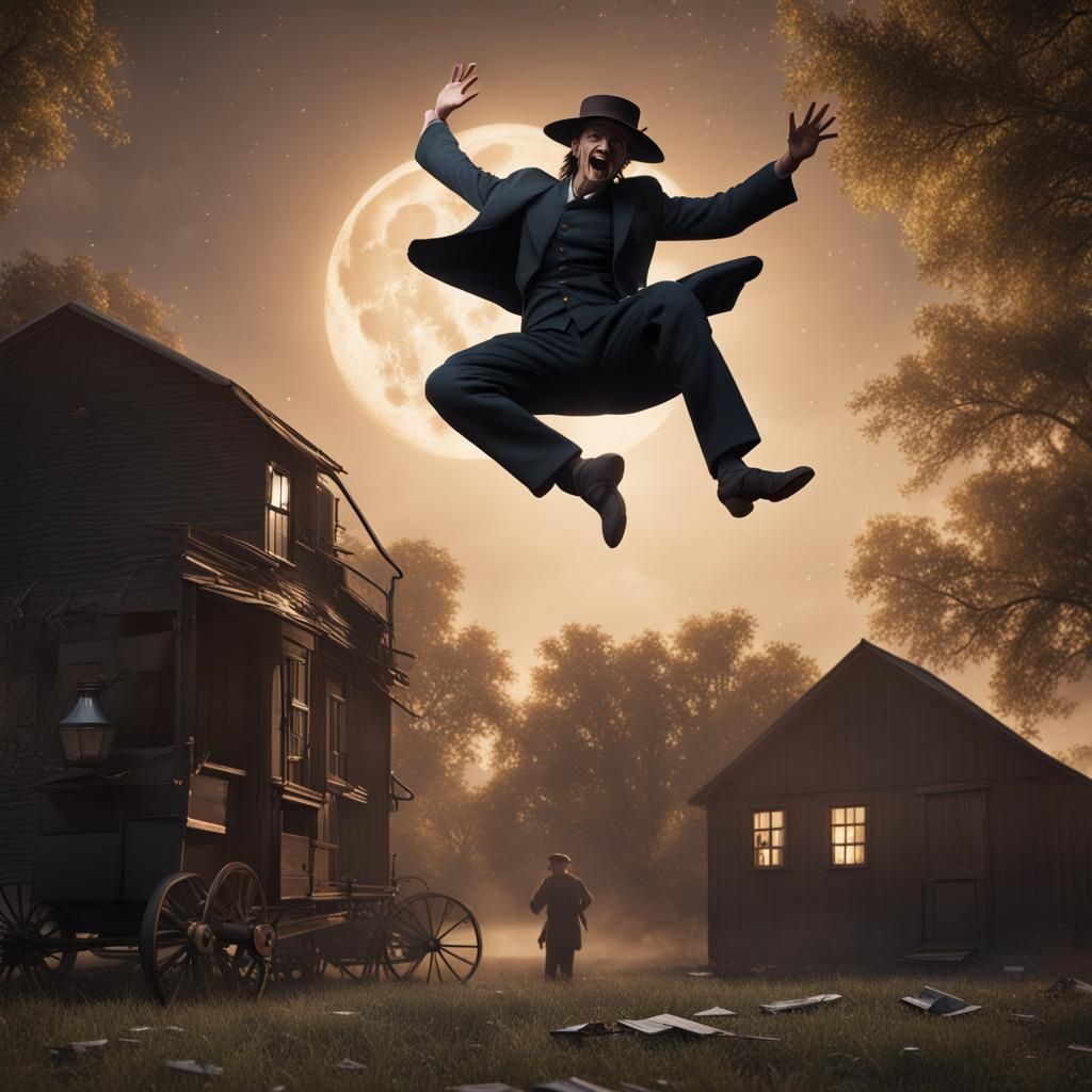Amish Man's Moonlit Backflip: Fantasy Concept Art