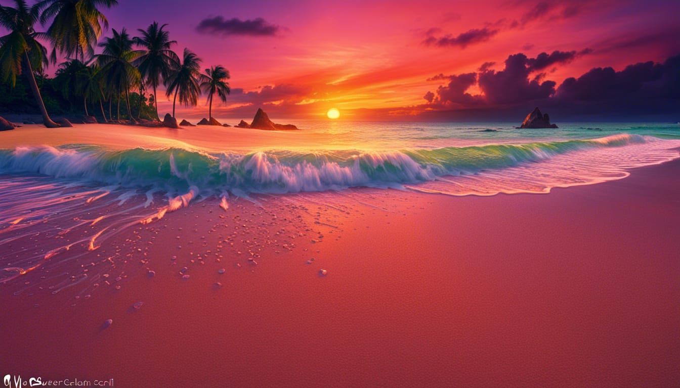 Tropical Island Sunset with Palm Trees and Waves