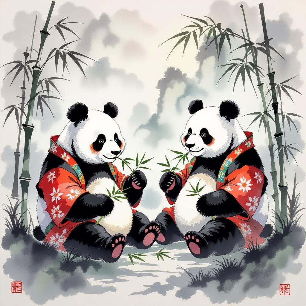 Pandas in Mystical Chinese Landscape with Sumi-e Elements