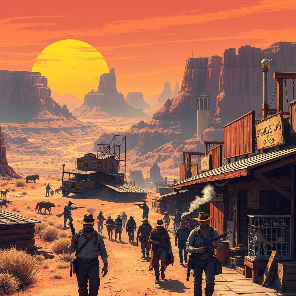 Synthwave Western Cityscape at Scorching Sunset