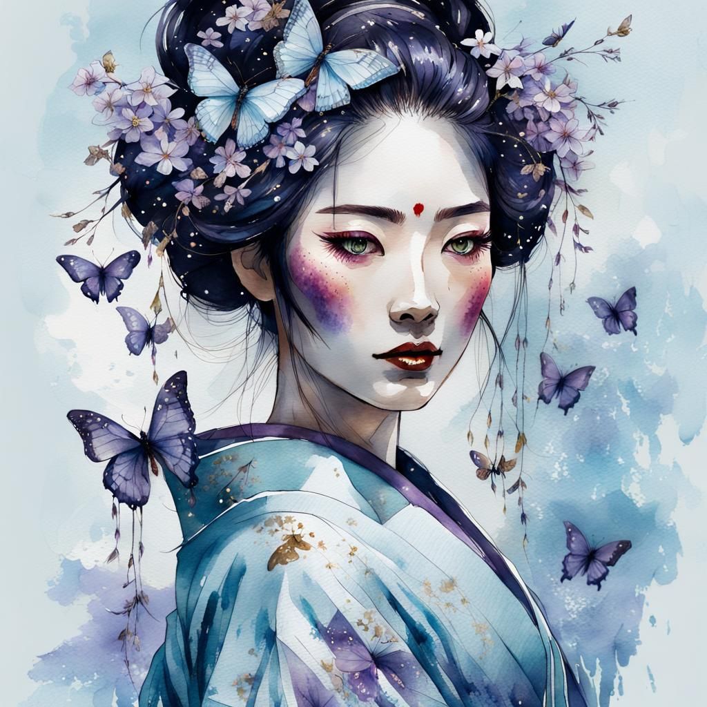 Ethereal Geisha in Watercolor Style with Jasmin Flowers