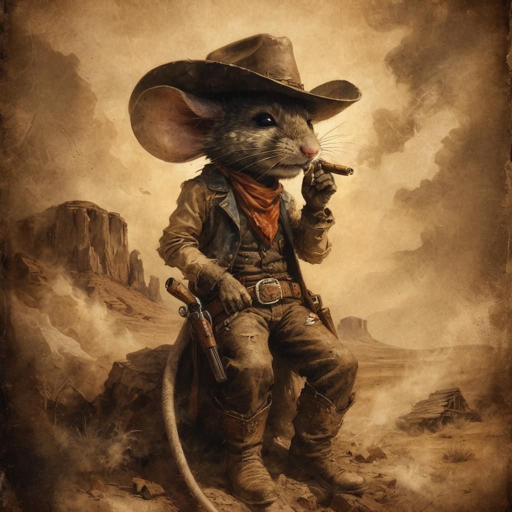 Mouse Cowboy in Old West Landscape, Chiaroscuro Style