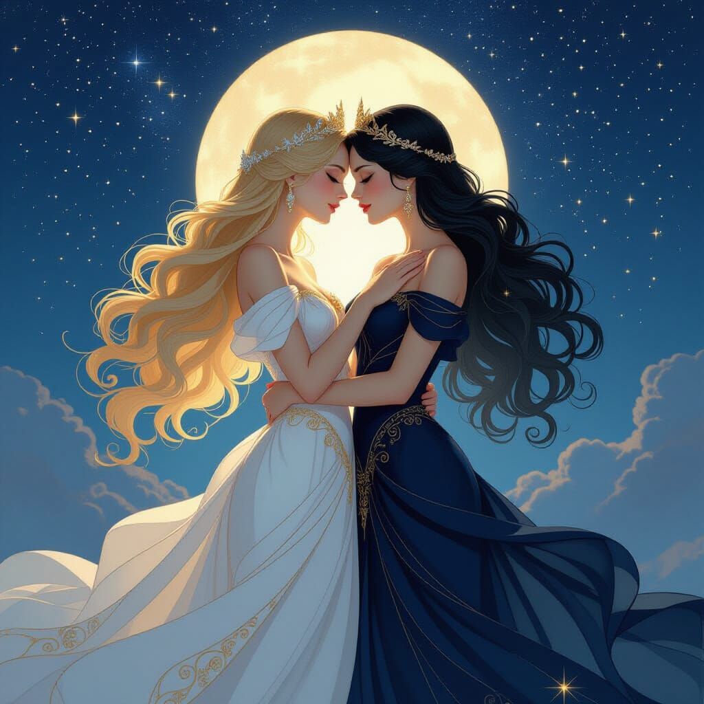 Goddesses of Light and Darkness Embrace: Ethereal Fantasy Ar...