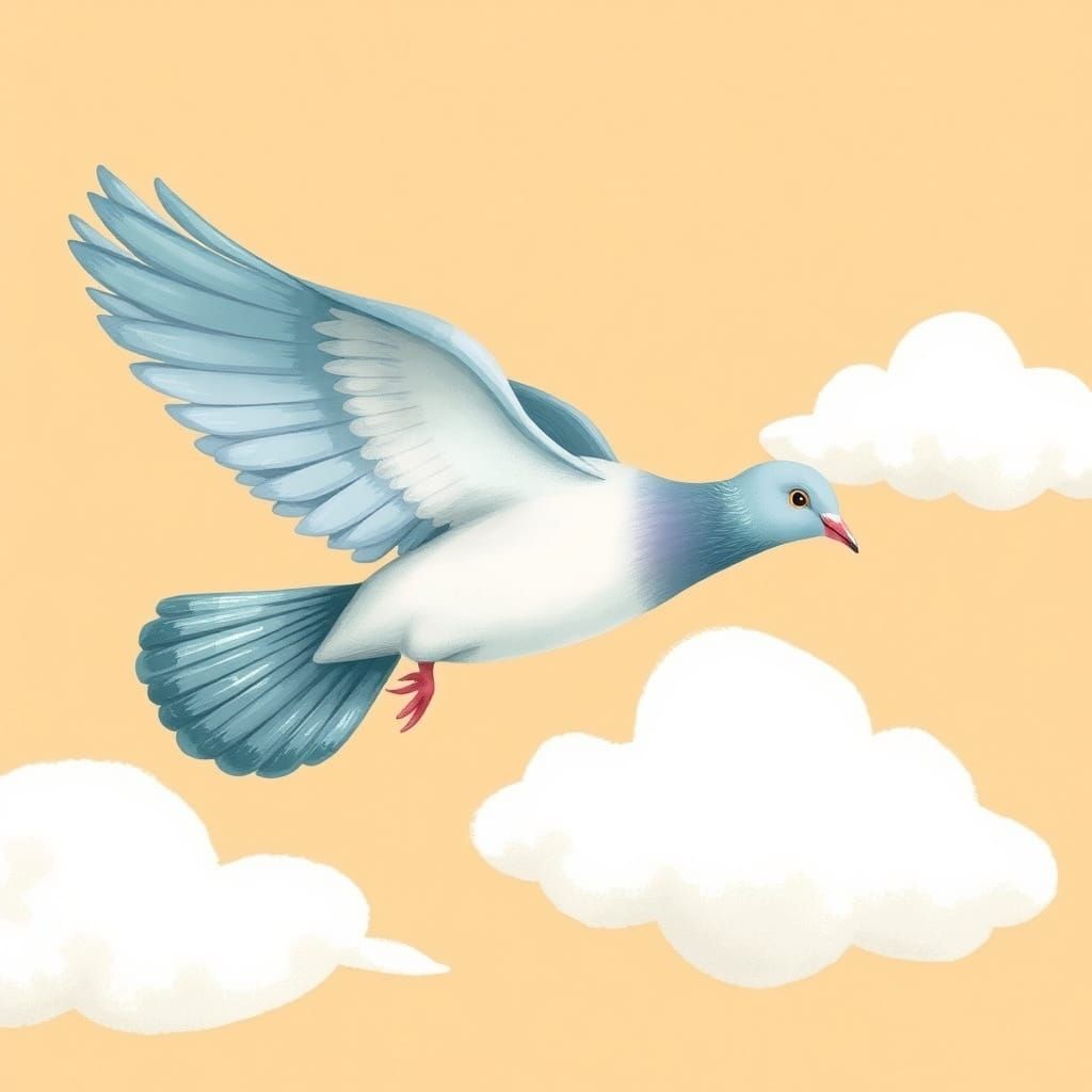 Pigeon in Flight: Whimsical Blue Illustration